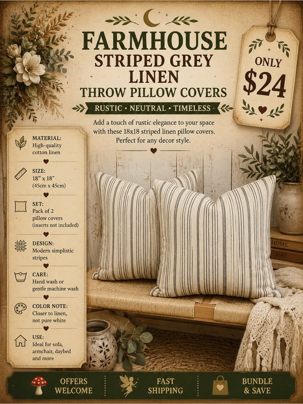 Farmhouse Striped Grey Linen Throw Pillow Covers 18x18 Set